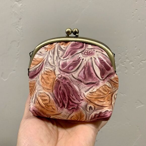 Free Coin Purse With Handmade Genuine Leather Floral Embossed Wooden Frame Bag - Picture 14 of 16